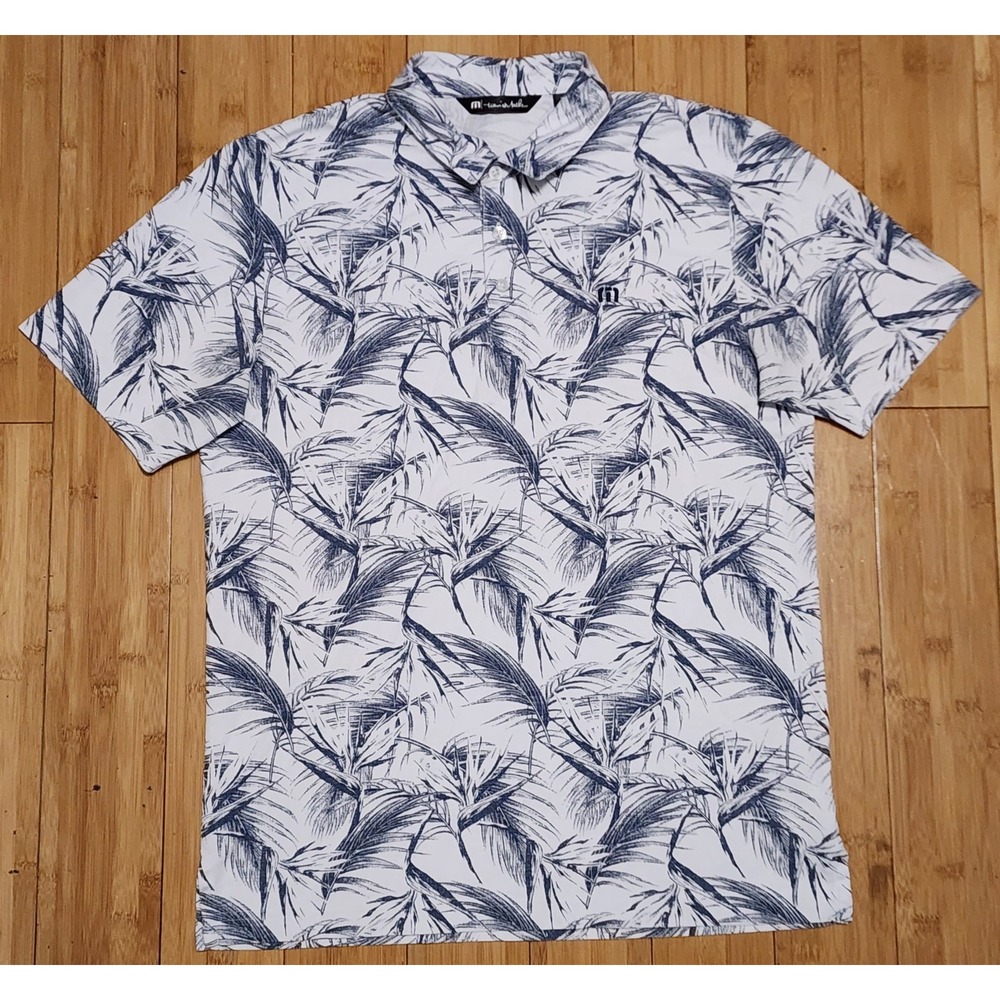 TravisMathew Polo Mens M White Palm Leaf Tropical Performance Golf Shirt 1MY103